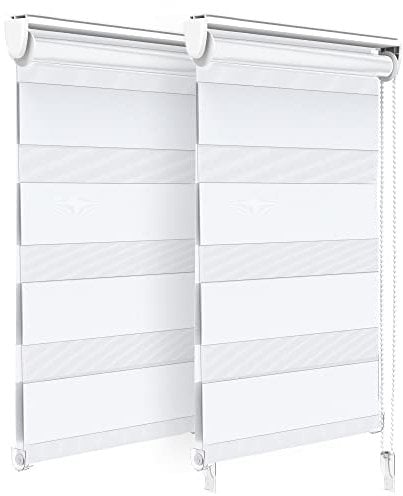 VOUNOT® Set di 2 Tenda a Rullo Doppia Strato Oscurante Giorno e Notte, Catenella Laterale, Bande Trasparenti e Opache, Tenda Interno Zebra Blinds Bianco, 45 x 150 cm