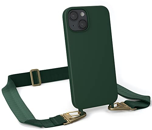 EAZY CASE - Handykette Silikon mit Karabiner - kompatibel mit iPhone 14 Handyhülle mit breitem Umhängeband, Handykordel mit Silikon, Hülle mit Band, Kette für Smartphone, Pinien Grün - Glänzend Gold