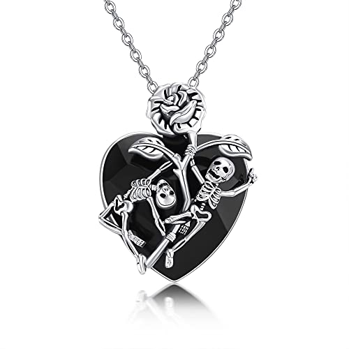 URONE Totenkopf Halskette 925 Sterling Silber Totenkopf Skelett Rose Anhänger mit Schwarzem Herz Kristall Gotik Totenkopf Schmuck Geschenke für Frauen Freundin