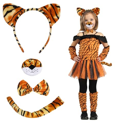 Hifot Tiger Kostüm Set für Kinder und Erwachsene - 4 Stücke Ohren Haarreif, Schwanz, Nase und Fliege - Tierkostüm Verkleidung für Cosplay, Halloween, Karneval, Geburtstag Party Zubehör