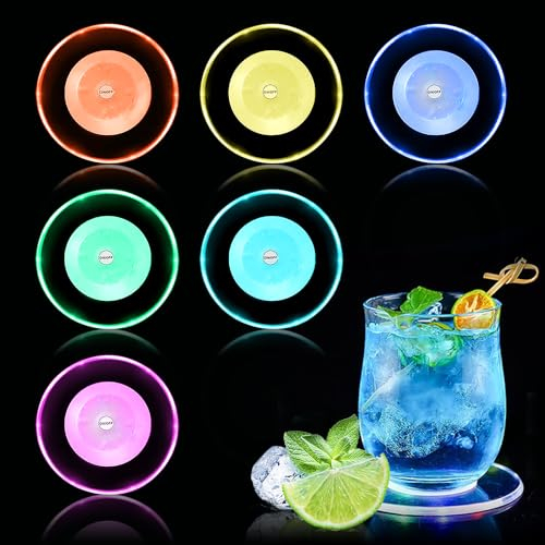 yotutun Bunt LED Untersetzer, Acryl Rund wasserdichte Leuchtende Untersetzer mit 3 Lichtmodi ON/Off Taste Gläser Untersetzer Set Getränke Untersetzer für Partys Hochzeiten Bar Weihnachten (6 Stück)