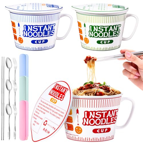 Maxcheck 6 Pcs Japanese Ramen Bowl Set Includes 3 Pcs Instant Noodle Bowl with Lid Microwave Ramen Noodles Cup Holder 3 Pcs Silverware Set Flatware Sets for Home Office College Dorm Room (39 oz)