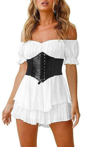 OBEEII Women Off Shoulder Ruffle Romper Dress White Pirate Dress Halloween Costume Short Puff Sleeve Smocked Jumpsuit Overall Elastic Waist A-Line Shorts Mini Dress