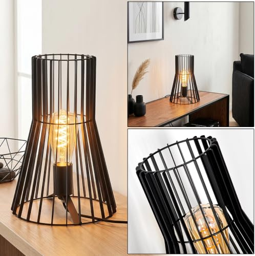 HOFSTEIN Tischleuchte Emporia, moderne Tischlampe aus Metall in Schwarz, Nachttischlampe mit Schirm in Gitter-Optik, Höhe 29,5 cm, An-/Ausschalter am Kabel, Lichteffekt, E27, Wohnzimmer, Schlafzimmer