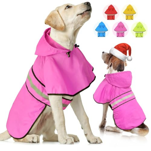 Weesiber Regenmantel Hund - Hunderegenmantel Wasserdicht Regenjacke Hund Reflektierend mit Leinenloch, Regencape für Hunde Mit Kapuze (L, Rosa)