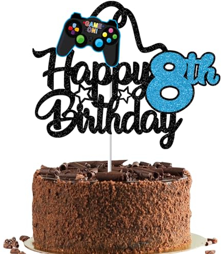Gidobo Happy 8th Birthday Cake Topper for Boys, Glittery Video Game Cake Toppers Game On with Controllers for Eight Years Old Birthday Party Supplies