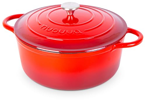 Cocotte en Fonte Émaillée – Casserole Faitout avec Couvercle, Antiadhésif, Marmite pour Induction et Four, 6.9 Liter – Rouge – par Nuovva