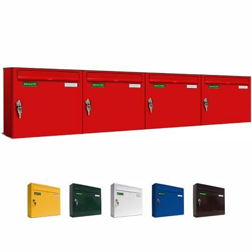 AL Briefkastensysteme Basic 4er Briefkasten RAL 3000 Feuer Rot 4 Fächer DIN A4 wetterfest Briefkastenanlage mit Posthaltebügel und 2 Namensschildern