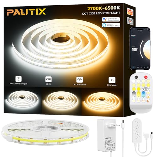 PAUTIX Smart WIFI Tira LED COB CCT 5M,Regulable CCT 2700K-6500K Tira LED COB, Inteligentes Funciona con Alexa y Google Asistente para Gabinete de Cocina,Habitación,TV