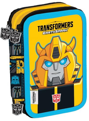 Maricart | Astuccio a 3 Scomparti per Bambino da Scuola Elementare, Astuccio Completo di 44 Pezzi a Tre Zip con Portapenne – Transformers
