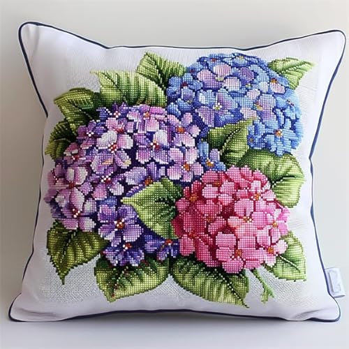 Lfynior Kit per Cuscino Ricamato con Ortensia a Punto Croce - Prestampato 45X45cm, Fai da Te, Decorativo per Casa - Completo per Principianti e Adulti