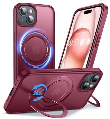 Anqrp 360° ALL-in-ONE Stand Case for iPhone 15 Case with Rotatable Magnetic KickStand Ring Holder, Compatible with MagSafe, Shockproof Translucent Matte Phone Cover for iPhone 15, Red