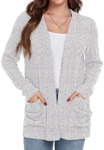 GRECERELLE Womens Cardigans Lightweight Casual Rib Classic Cardigans for Ladies with Pockets (Grey, XXL)
