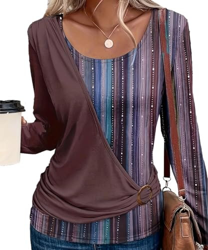 Yeenily Camicia Donna Manica Lunga Magliette Scollo Rotondo Moda T-Shirt Elegante Maglietta Casual Camicette Basic Blusa Top (Marrone, L)