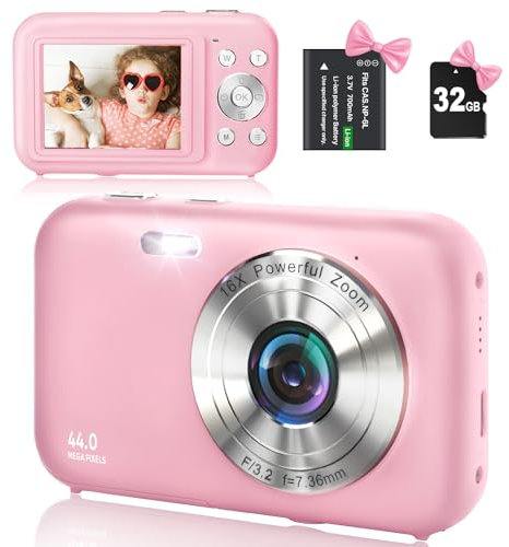 Fotocamera digitale con scheda SD da 32 GB, HD 1080P 44 MP, fotocamera fotografica, LCD, fotocamera digitale ricaricabile con 16 X zoom digitale digicam per bambini, adulti (rosa)