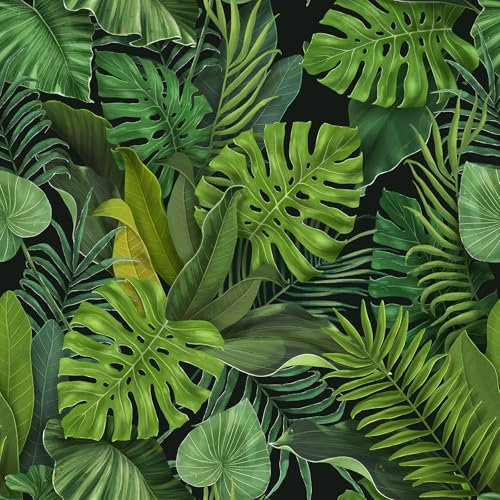 CHIHUT Black and Green Tropical Wallpaper Self Adhesive Palm Leaf Peel and Stick Wallpaper Decorative Removable Jungle Wall Paper for Bathroom Living Room Botanical Monstera Contact Paper 17.7”x236”