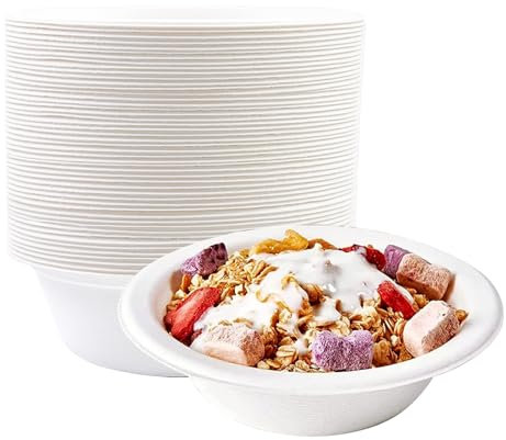 Einweg Suppenschalen-50Stück Weiß 350ML Zuckerrohrschalen Bagasse Einwegschalen Zuckerrohr langanhaltender Wärmespeicherung Langlebige Pommesschalen für Party BBQs Picknicks Outdoor Essen Heim