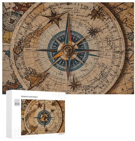 Jigsaw Puzzles for Adults 300 PCS Jigsaw Puzzle Compass and Old World Map Wooden Puzzle Artistic Decorations Leisure Puzzle Challenging Puzzle Perfect for Game Nights