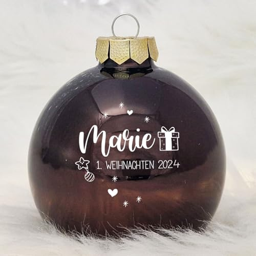 Personalisierte Weihnachtskugel aus Echtglas, 8 cm, rot mit Wunschmotiv (07_Braun, 1. Weihnachten)