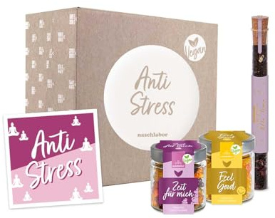 Geschenkbox Anti Stress vegan | Fruchtgummi und Tee zur Entspannung | Feel Good & Zeit für mich Geschenkglas | Geschenk für Freunde, Familie und Kollegen | Schwarztee | Me Time | Geschenk gegen Stress
