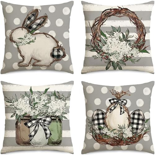 Sunshine smile 4 Stück Ostern Kissenbezug,50x50cm Ostern Dekokissenbezüge,Ostern Deko Kissenhülle,Kissen Ostern,Leinen Dekokissen,Frühling Happy Easter Zierkissenbezug Couch Wohnzimmer Deko
