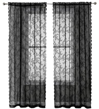 Whakano 2 Stück Spitze Vorhänge Dekorative Gardinen,Blumen Muster Gardinen Transluzente Verdunklung Gardinen für Küche Wohnzimmer Luftig Dekoschal für Schlafzimmer,Heimdekoration,Schwarz,W150xL250cm