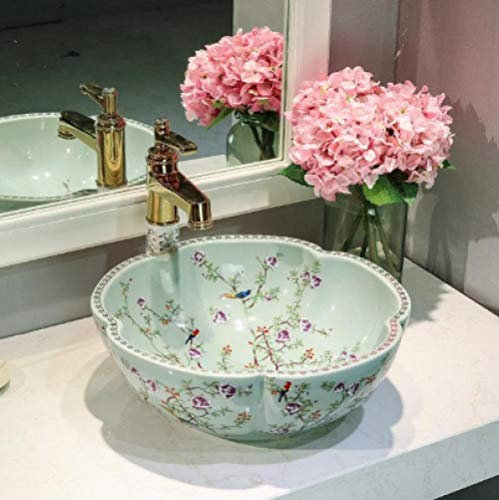 WOTZOV Lavandino del Bagno, lavabo da appoggio in Porcellana Dipinto a Mano, lavabo Artistico, lavabo da Bagno, lavabo colorato, Fiore e Uccello Blu, Solo lavabo, 1