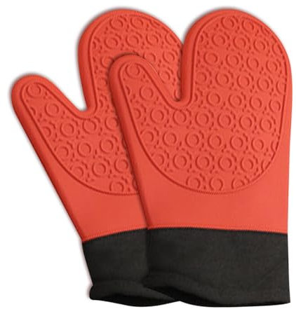 Ofenhandschuhe Topfhandschuhe Silikon - Anti-Rutsch Hitzebeständige Silikon und Flexibilität Baumwolle, 1 Paar 27cm Extra Lange Backhandschuhe Kochhandschuhe für Kochen Backen Grillen (rot)