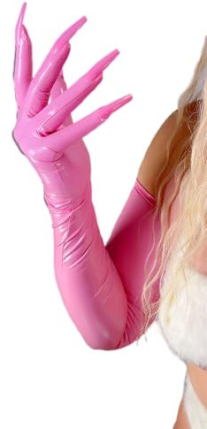 DooWay Super lange Latex-Handschuhe, glänzend, 71,1 cm, Stretch, Kunstgummi, PU, lang, Halloween-Kostüm, Krallenhandschuhe, Pink, Medium