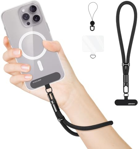 AULEEP Handykette Universalc Kurz, Verstellbar Handyband, 7mm dickes Handyanhänger, Klassiker Handyschnur mit 2 Premium Handykette Universalpads, aus Polypropylen
