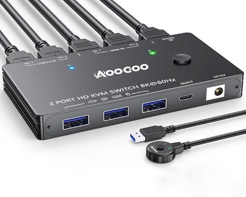 KVM Switch 2 Computer 1 Monitore 8K@60Hz/4K@120 Hz HDMI KVM Switches kabelgebundener Fernbedienung, Netzteil und USB3.0 Kabel im Lieferumfang enthalte