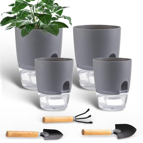 ORARTMM 4 Pieces Flower Pot, White Herb Pot, Plastic with Self-Watering and Water Reservoir, Plant Pot, Kitchen Herb Flower Pot with Watering System for Kitchen, Balcony, Bedroom