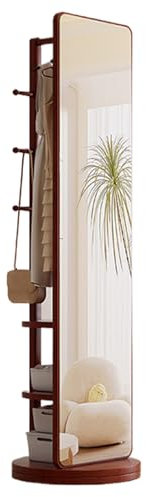 Miroirs en Pied avec Porte-Manteau, Miroir en Bois Massif pivotant à 360° avec 6 Crochets et étagères de Rangement, Miroir sur Pied pour Chambre à Coucher, Salon