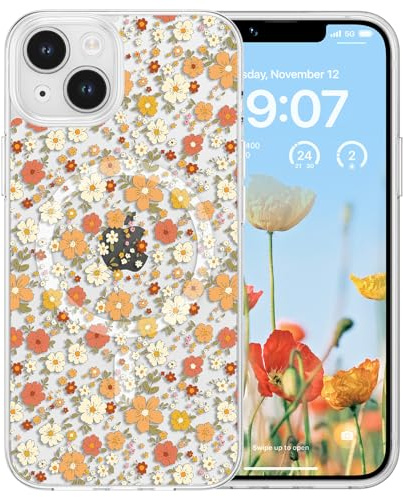 RALEAVO für iPhone 14 Magnetisch Hülle Niedlich Blumen, Gelbe | Für iPhone 14 Kompatibel mit MagSafe Hülle, Stark Magnetisch Fester Hard-PC Klar Hülle Stoßfest Schutzhülle