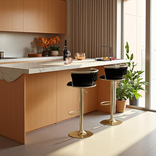 SUNFECILI Barstuhl 2er Set, Höhenverstellbar mit Rückenlehne & Armlehne, Ergonomischer Samt Barhocker mit Goldenen Beinen für Küche, Bar und Restaurant, Drehhocker mit Fußstütze
