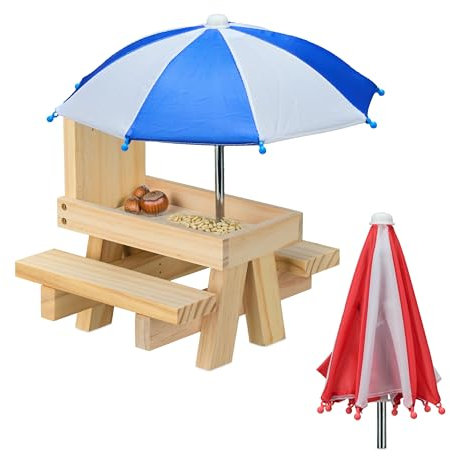 Relaxdays Eichhörnchen Tisch, Holz, Eichhörnchenbank mit 2 Schirmen, Eichhörnchen-Picknicktisch zum Hängen, Hellbraun