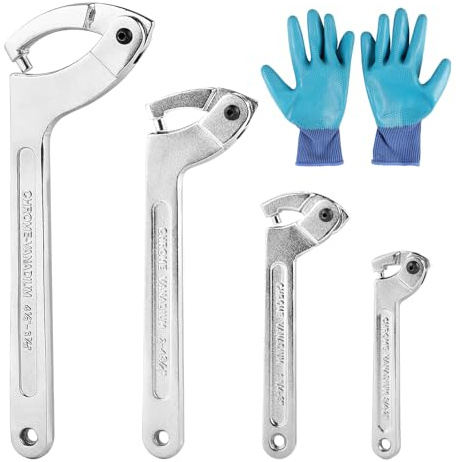 SWAWIS Ein 4er-Set Hakenschlüssel Verstellbar Runder Kopf | C Schraubenschlüssel aus Chrome Vanadium, mit Handschuhe, für 19-170mm Nutmutternschlüssel für Stoßdämpfer Wasserzähler