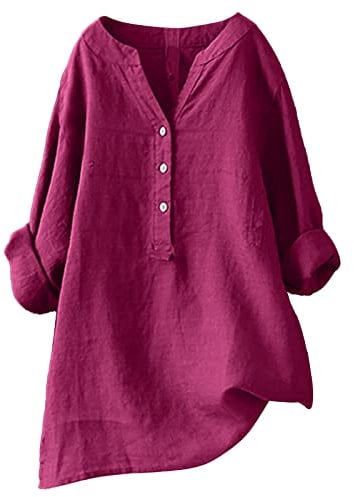 Longbluse Damen Sommer Button-Down Übergröße Musselin Leinenbluse Atmungsaktive Tops