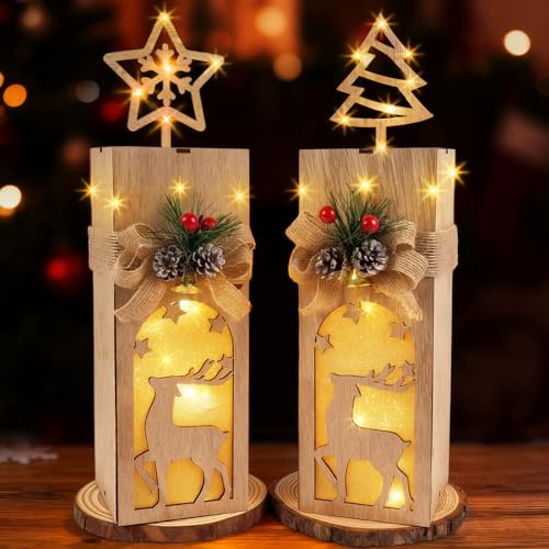 Weihnachtsdeko Innen, Weihnachtsdeko Holz mit LED Licht, Hirsch Deko Weihnachten mit Stern Tannenbaum, Stimmungsvolle Weihnachtsdekorationen für Fensterbank Tisch