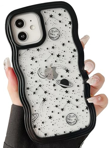 ZTOFERA Aesthetic Curly Wavy Case for iPhone 11 (6.1), Black | Cute Planet Star Moon Pattern, Hard PC Colored Wave Soft Silicone Bumper Case, Shockproof Protective Cover, for Girls Women