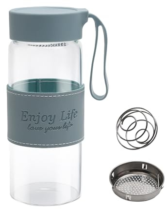UOCAI Protein Shaker Glass With Built-in Strainer and Stainless Steel Mixing Ball, BPA-Free and Leak-Proof Protein Shaker with Non-Slip Silicone Design