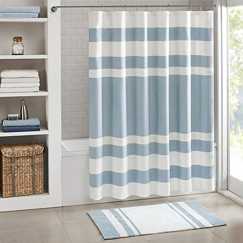 Madison Park Duschvorhang, Waffelgewebe, gestreift, Stoff-Duschvorhänge für Badezimmer, mit 3M-Scotchgard-Feuchtigkeitsmanagement, Premium-Spa-Qualität, moderner Standard, 183 x 183 cm, Blau