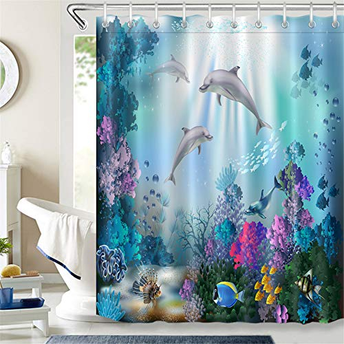 LB Dauphin Rideau de Douche Imperméable Anti Moule Poissons Tropicaux Monde sous Marin Mer Bleue Enfant Rideau de Bain avec Crochets,150x180cm Polyester Salle de Bain Décor