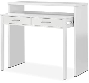 Ausziehbarer Konsolenschreibtisch mit zwei Schubladen, mattweiße Farbe, Maße 98 x 87 x 36 cm (ausziehbar bis 66 cm)