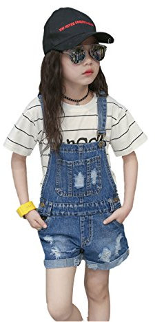 KIDSCOOL SPACE Salopette Grande per Bambina Jeans Estivi Strappati Salopette Corta, Azzurro, 12-13 Anni