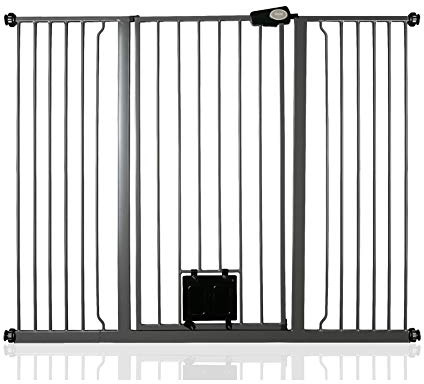 Bettacare Pet Gate with Lockable Cat Flap, 139.8cm - 147.4cm, Slate Grey, 104cm in Height, Extra Tall Dog Safety Barrier with Cat Flap, Easy Installation