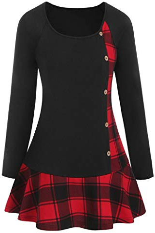 Lazzboy Frauen Plus Größen Plaid Volant Oberseiten Tunika Kariertes Panel Schatz Ansatz T-Shirt Damen Langarm Asymmetrisch Karo Top(Rot-a,5XL)