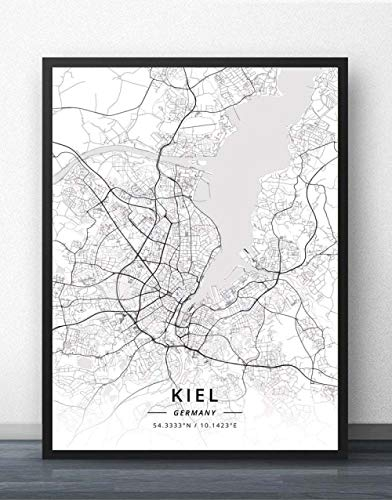 ZWXDMY Leinwand Bild,Deutschland Kiel Stadtplan Drucken Schwarz Und Weiß Einfach Text Canvas Poster Malerei Wandbild Rahmenlose Wohnzimmer Büro Dekoration, 40 × 50 cm