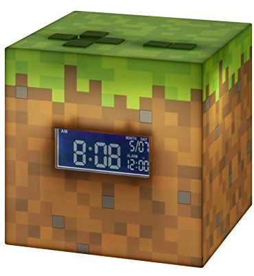 Minecraft Grasblock Digitaler Wecker - Offiziell lizenziert, Leuchte, spielt offizielle Spielmusik, Schlafzimmerdeko für Minecraft-Gamer, 13 x 13, Grün