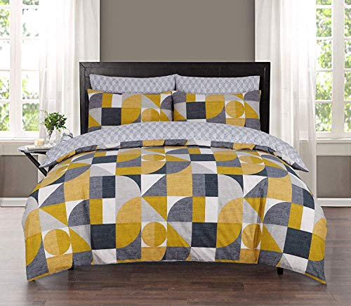 Indus Textiles 100% Pure Cotton Reversible Patterned Duvet Cover Sets - Geometric Mustard & Grey - Double